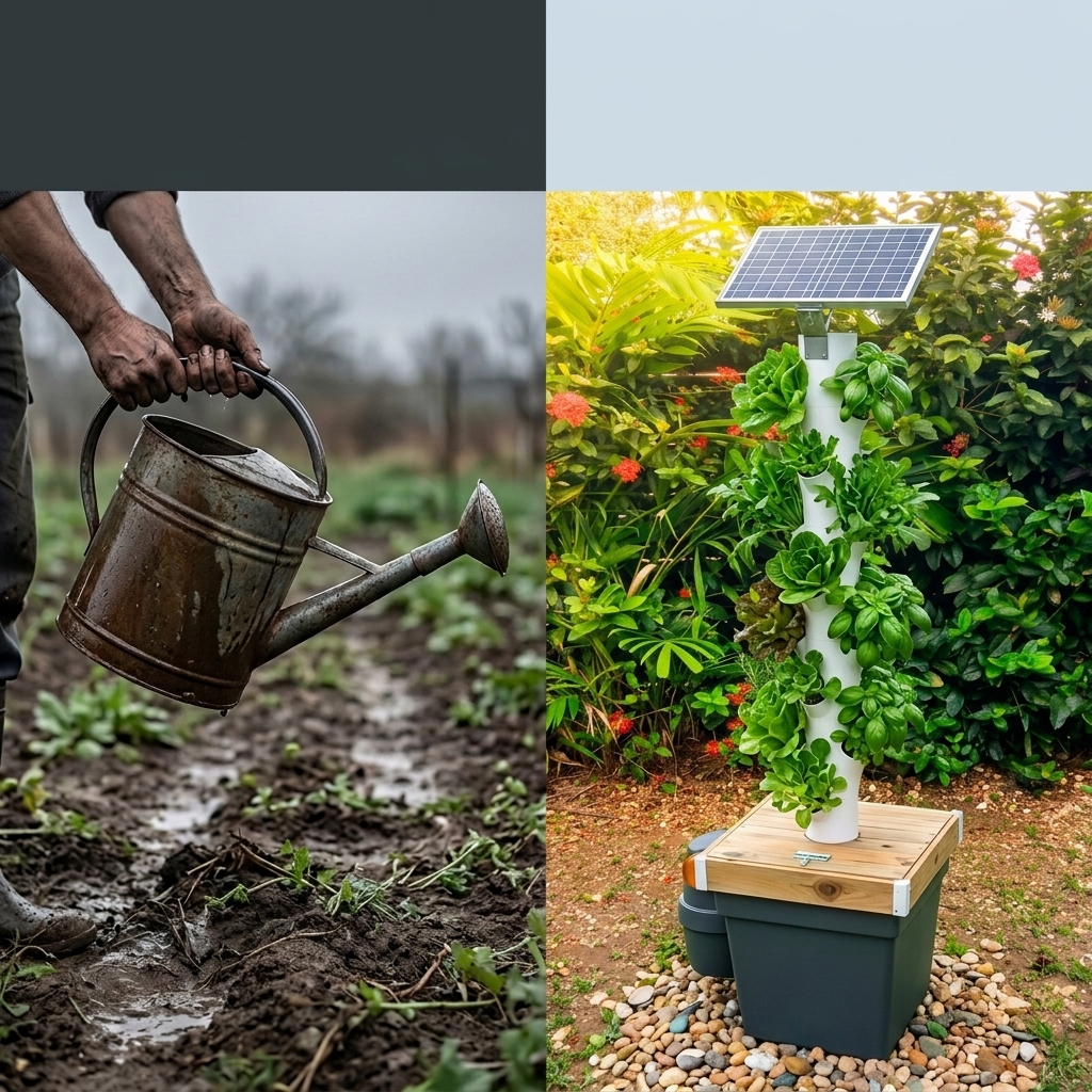 À gauche, un potager traditionnel en terre, encombré et terne. À droite, la tour Cultivez Facilement, propre et lumineuse sur une pelouse ensoleillée.