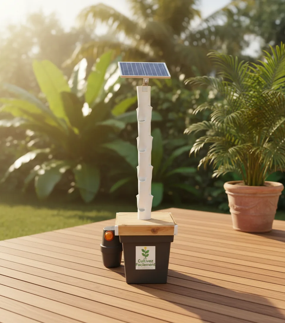 Tour Cultivez Facilement installée sur une terrasse ensoleillée