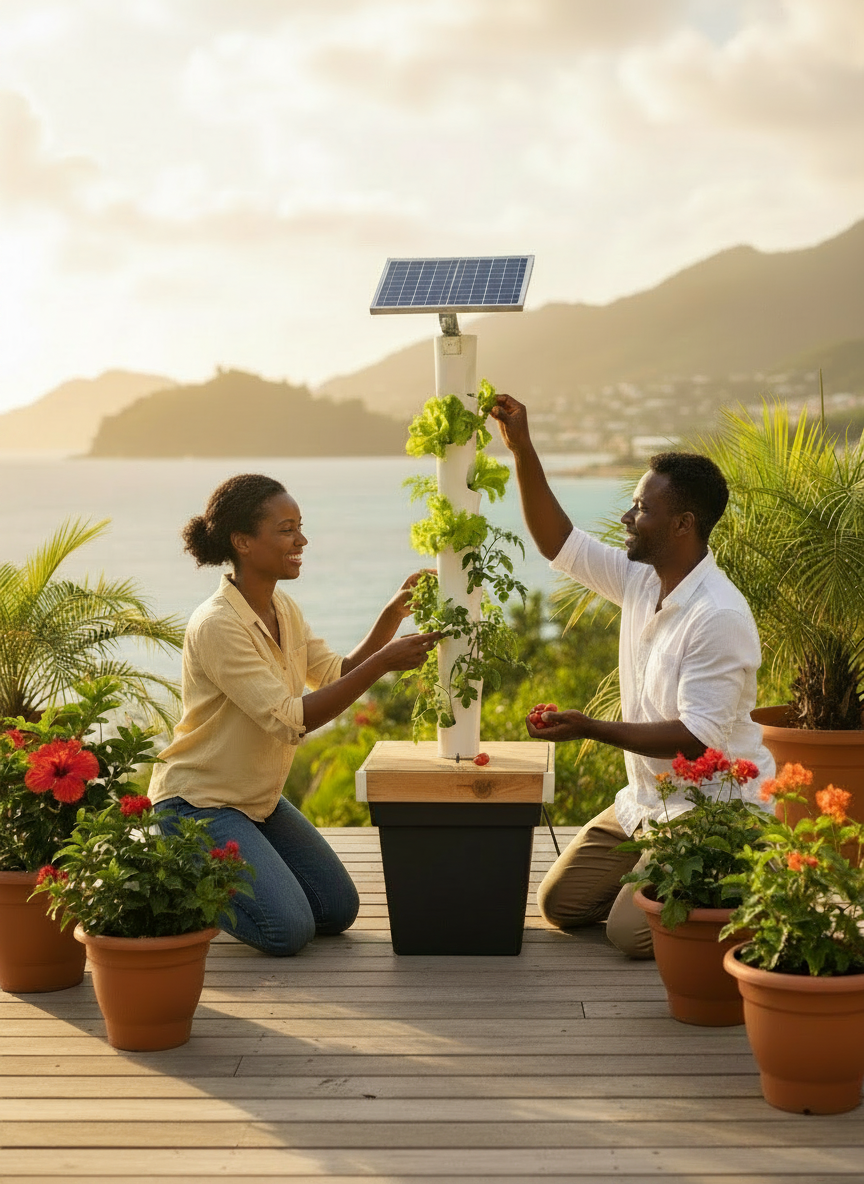 Un couple récolte des légumes sur une tour Cultivez Facilement, en terrasse en Guadeloupe