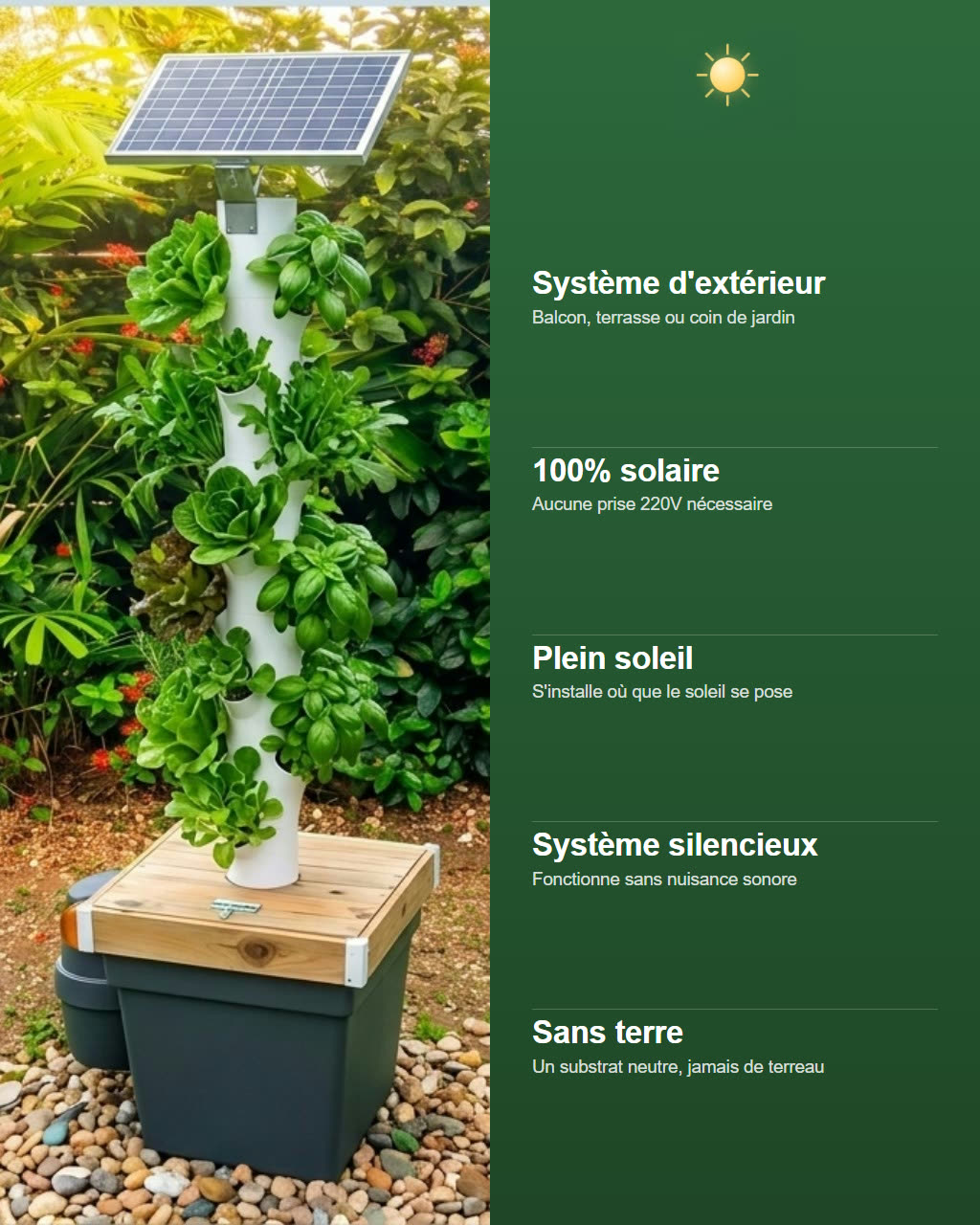 Schéma des avantages de la tour Cultivez Facilement : système d'extérieur, 100% solaire, silencieux et sans terre