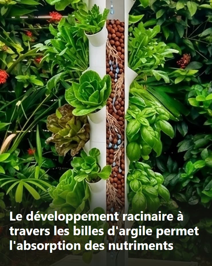 Vue en coupe des racines se développant dans les billes d'argile, permettant l'absorption des nutriments